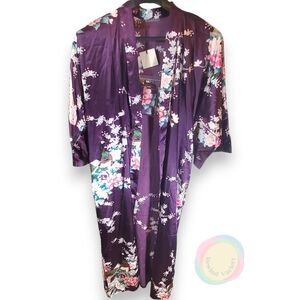 KIM+ONO Satin Long Kimono Robe NWT Plum Peacock OS